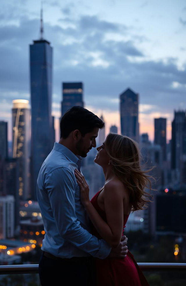 A romantic couple embracing in front of a stunning skyline filled with modern skyscrapers