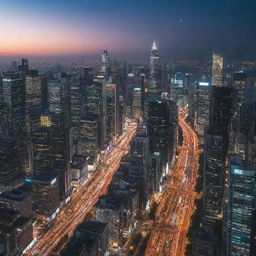 A bustling cityscape filled with towering skyscrapers, busy roads, and vibrant night lights.