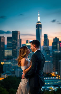 A romantic couple embracing in front of a stunning skyline filled with modern skyscrapers