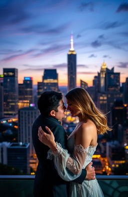 A romantic couple embracing in front of a stunning skyline filled with modern skyscrapers