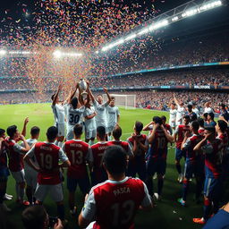 A panoramic view of the stadium after the match, focusing on the jubilant celebration of Real Madrid players in one corner, joyfully holding up the trophy high as colorful confetti rains down around them