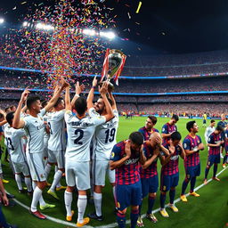 A panoramic view of the stadium after the match, focusing on the jubilant celebration of Real Madrid players in one corner, joyfully holding up the trophy high as colorful confetti rains down around them