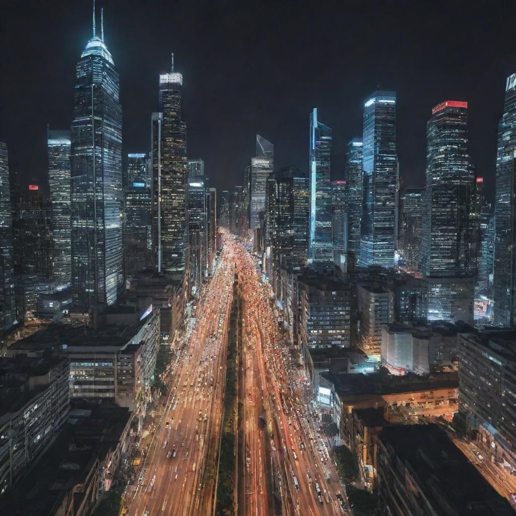 A bustling cityscape filled with towering skyscrapers, busy roads, and vibrant night lights.