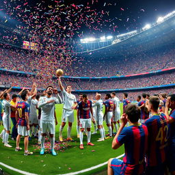 A panoramic view of the stadium after the match, focusing on the jubilant celebration of Real Madrid players in one corner, joyfully holding up the trophy high as colorful confetti rains down around them