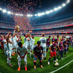 A panoramic view of the stadium after the match, focusing on the jubilant celebration of Real Madrid players in one corner, joyfully holding up the trophy high as colorful confetti rains down around them