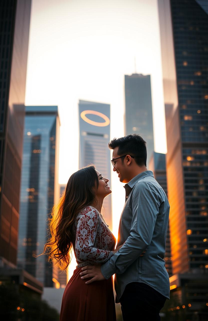 A romantic couple standing closely together, gazing into each other's eyes, with a stunning skyline of skyscrapers in the background