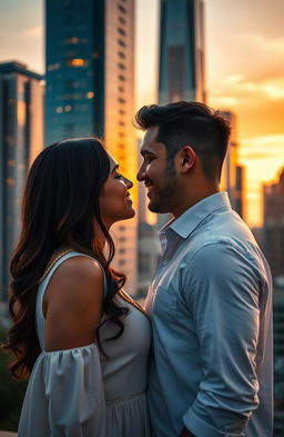 A romantic couple standing closely together, gazing into each other's eyes, with a stunning skyline of skyscrapers in the background