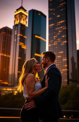 A romantic couple standing closely together, gazing into each other's eyes, with a stunning skyline of skyscrapers in the background