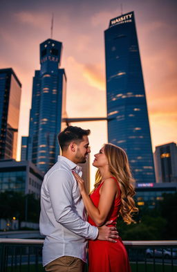 A romantic couple standing closely together, gazing into each other's eyes, with a stunning skyline of skyscrapers in the background