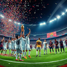 A panoramic view of the stadium following the match, vividly illustrating Real Madrid players celebrating exuberantly in one corner, proudly holding up the trophy as a cascade of colorful confetti showers down around them