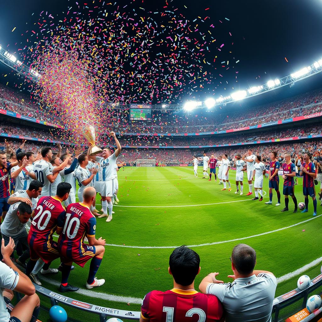 A panoramic view of the stadium following the match, vividly illustrating Real Madrid players celebrating exuberantly in one corner, proudly holding up the trophy as a cascade of colorful confetti showers down around them