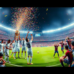 A panoramic view of the stadium following the match, vividly illustrating Real Madrid players celebrating exuberantly in one corner, proudly holding up the trophy as a cascade of colorful confetti showers down around them