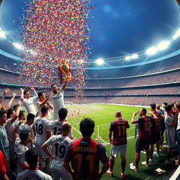 A panoramic view of the stadium following the match, vividly illustrating Real Madrid players celebrating exuberantly in one corner, proudly holding up the trophy as a cascade of colorful confetti showers down around them