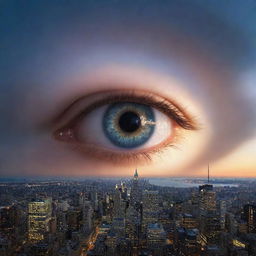 Suddenly, in the sky above the city, a shimmering, radiant eye appears, casting an ethereal glow.