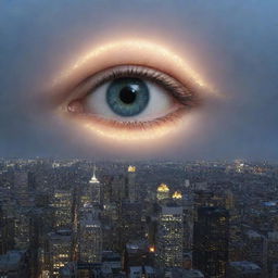 Suddenly, in the sky above the city, a shimmering, radiant eye appears, casting an ethereal glow.