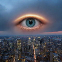 Suddenly, in the sky above the city, a shimmering, radiant eye appears, casting an ethereal glow.