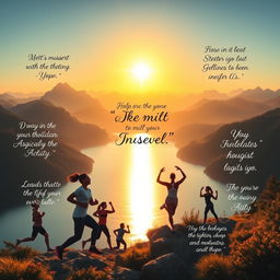A visually inspiring digital artwork depicting a beautiful landscape with mountains in the background, a sunrise casting a golden glow over a serene lake, and a diverse group of people (including men and women of various ethnicities) engaged in different motivational activities like running, practicing yoga, and climbing