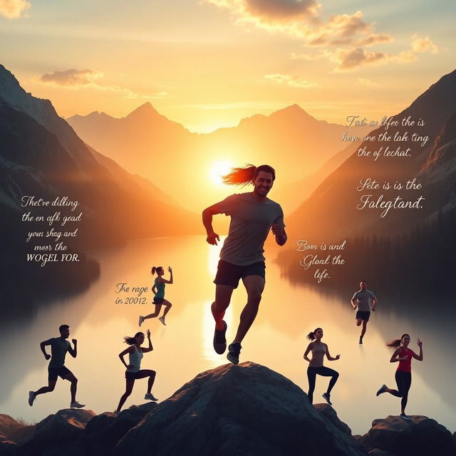 A visually inspiring digital artwork depicting a beautiful landscape with mountains in the background, a sunrise casting a golden glow over a serene lake, and a diverse group of people (including men and women of various ethnicities) engaged in different motivational activities like running, practicing yoga, and climbing