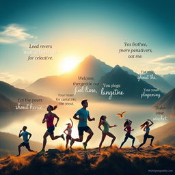 A visually inspiring digital artwork depicting a beautiful landscape with mountains in the background, a sunrise casting a golden glow over a serene lake, and a diverse group of people (including men and women of various ethnicities) engaged in different motivational activities like running, practicing yoga, and climbing