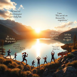 A visually inspiring digital artwork depicting a beautiful landscape with mountains in the background, a sunrise casting a golden glow over a serene lake, and a diverse group of people (including men and women of various ethnicities) engaged in different motivational activities like running, practicing yoga, and climbing