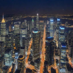 Generate an image of a bustling, vibrant, large city with high-rise buildings illuminating the night sky, streets buzzing with activity, and rich diversity of architecture.