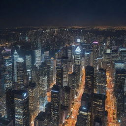 Generate an image of a bustling, vibrant, large city with high-rise buildings illuminating the night sky, streets buzzing with activity, and rich diversity of architecture.