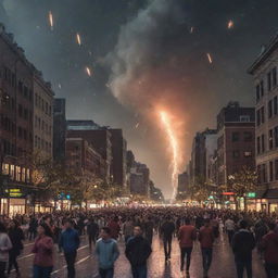 Modify the image of the large city, now depicting a sudden meteor shower from the night sky inducing panic among the citizens, with people running everywhere in chaos.