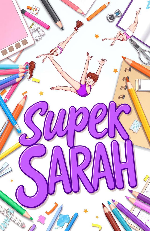 A vibrant illustration featuring the text 'Super Sarah' prominently displayed in bold purple letters