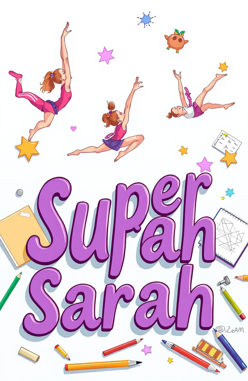 A vibrant illustration featuring the text 'Super Sarah' prominently displayed in bold purple letters