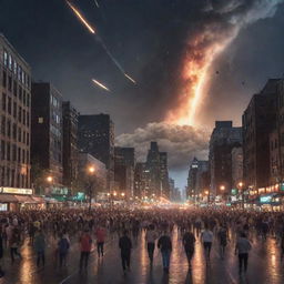 Modify the image of the large city, now depicting a sudden meteor shower from the night sky inducing panic among the citizens, with people running everywhere in chaos.