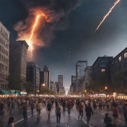 Modify the image of the large city, now depicting a sudden meteor shower from the night sky inducing panic among the citizens, with people running everywhere in chaos.