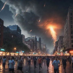 Modify the image of the large city, now depicting a sudden meteor shower from the night sky inducing panic among the citizens, with people running everywhere in chaos.