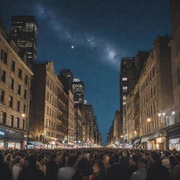 Modify the image of the bustling city, now showing all its inhabitants gazing upwards at the illuminated night sky with a look of wonder.