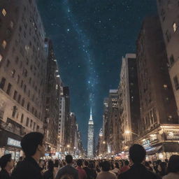 Modify the image of the bustling city, now showing all its inhabitants gazing upwards at the illuminated night sky with a look of wonder.