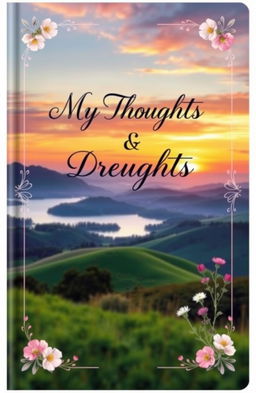 A visually striking book cover for a journal, featuring a serene landscape scene with a tranquil lake surrounded by lush rolling hills and a vibrant sunset in the background
