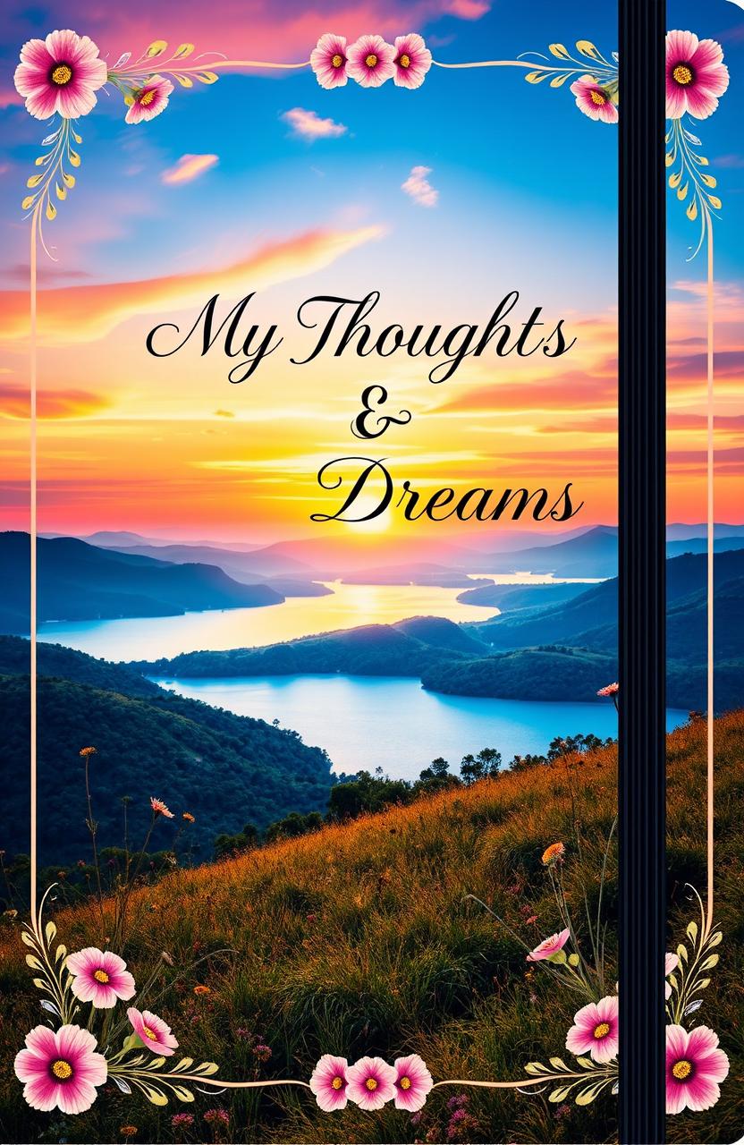 A visually striking book cover for a journal, featuring a serene landscape scene with a tranquil lake surrounded by lush rolling hills and a vibrant sunset in the background