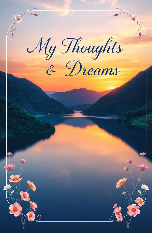 A visually striking book cover for a journal, featuring a serene landscape scene with a tranquil lake surrounded by lush rolling hills and a vibrant sunset in the background