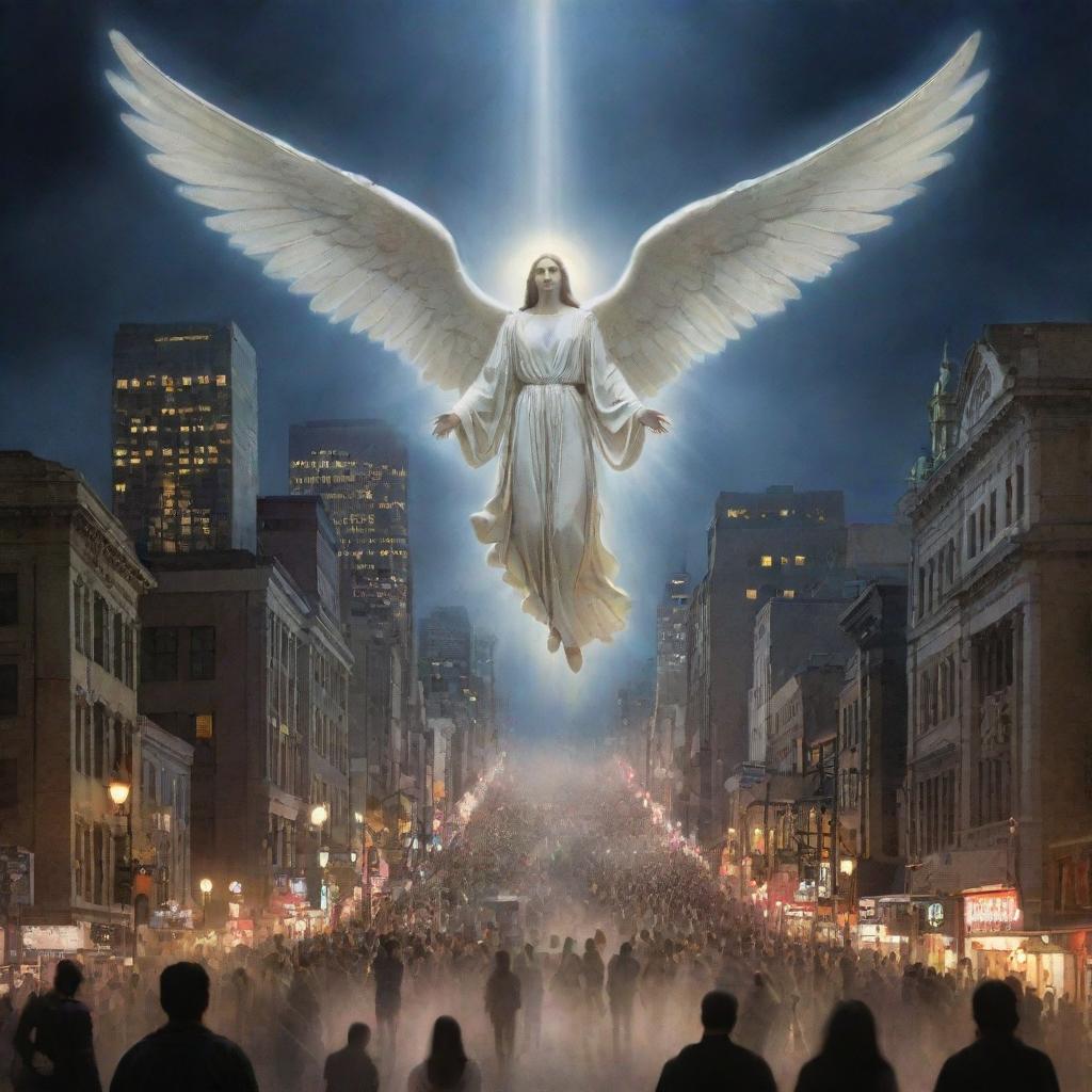 Alter the existing image of a bustling city, displaying a divine apparition descending from the bright night sky - an Angel of Death causing awe and fear among the spectators.