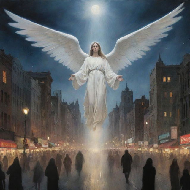 Alter the existing image of a bustling city, displaying a divine apparition descending from the bright night sky - an Angel of Death causing awe and fear among the spectators.