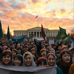 A powerful historical scene depicting the December Uprising of 1986 in Almaty, Kazakhstan