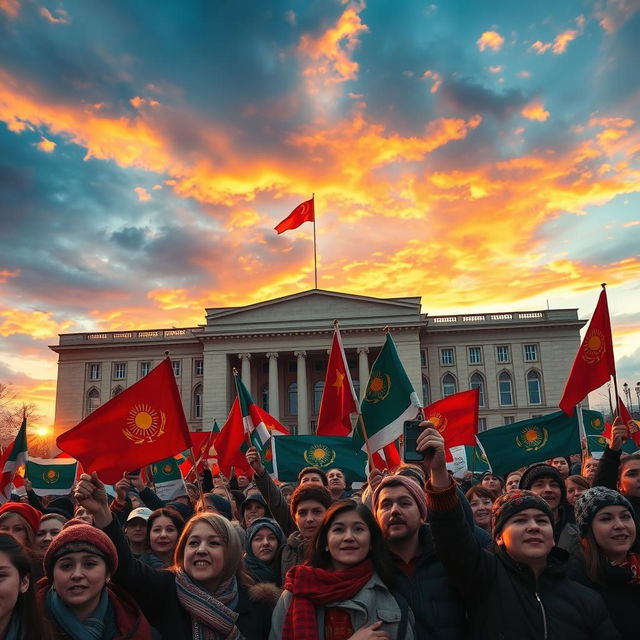 A powerful historical scene depicting the December Uprising of 1986 in Almaty, Kazakhstan