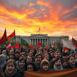 A powerful historical scene depicting the December Uprising of 1986 in Almaty, Kazakhstan