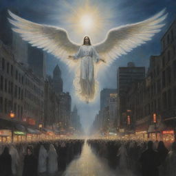 Alter the existing image of a bustling city, displaying a divine apparition descending from the bright night sky - an Angel of Death causing awe and fear among the spectators.