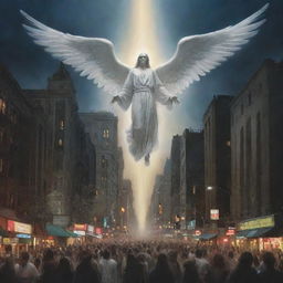 Alter the existing image of a bustling city, displaying a divine apparition descending from the bright night sky - an Angel of Death causing awe and fear among the spectators.