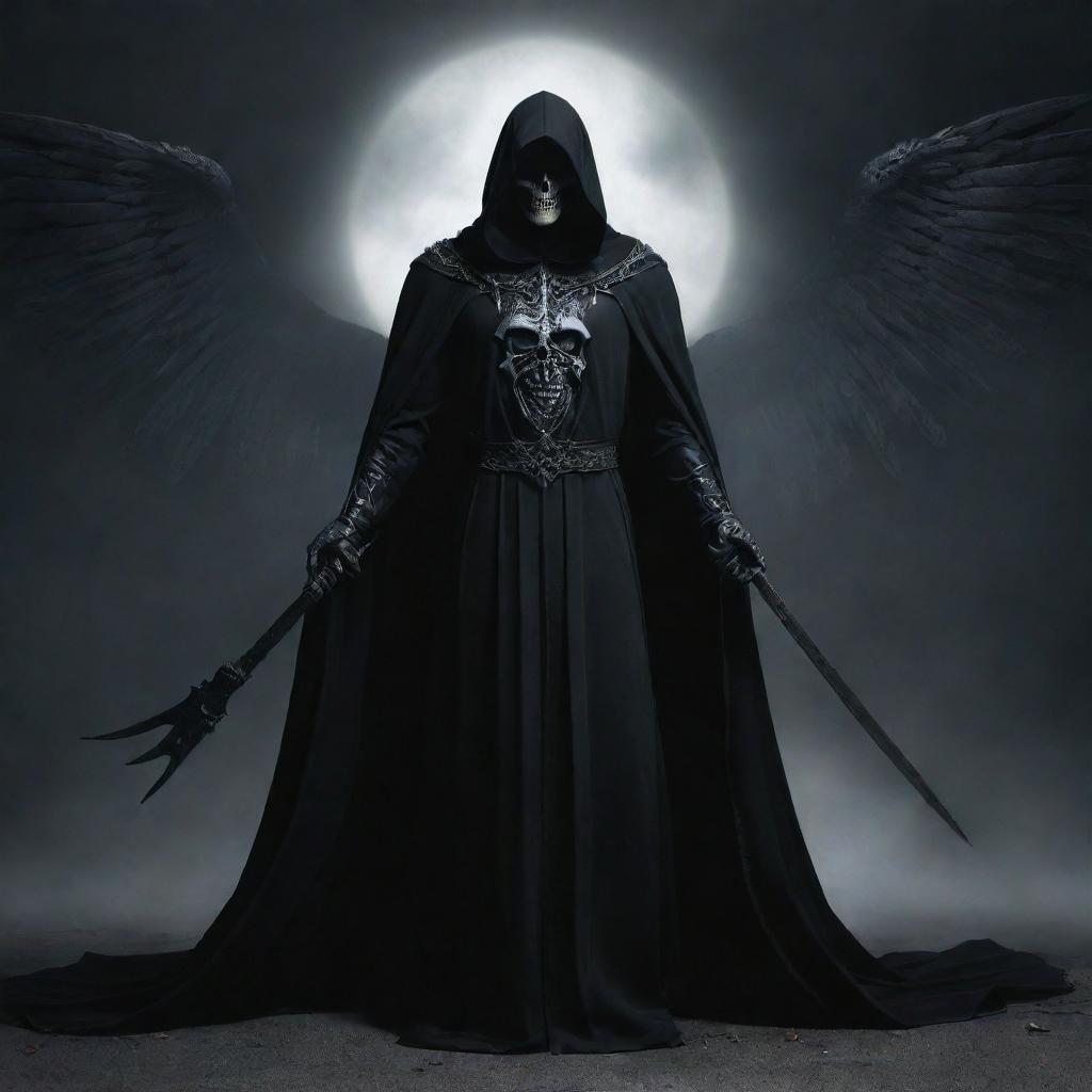 Modify the image of the Angel of Death, now depicting it wearing a dark cloak, its face shadowed, and wielding a menacingly gleaming scythe.