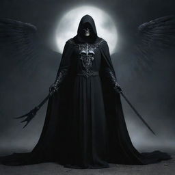 Modify the image of the Angel of Death, now depicting it wearing a dark cloak, its face shadowed, and wielding a menacingly gleaming scythe.