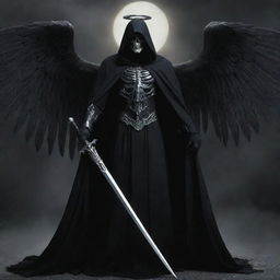 Modify the image of the Angel of Death, now depicting it wearing a dark cloak, its face shadowed, and wielding a menacingly gleaming scythe.