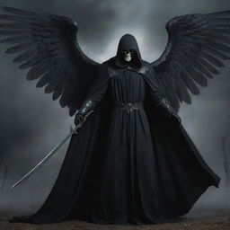 Modify the image of the Angel of Death, now depicting it wearing a dark cloak, its face shadowed, and wielding a menacingly gleaming scythe.