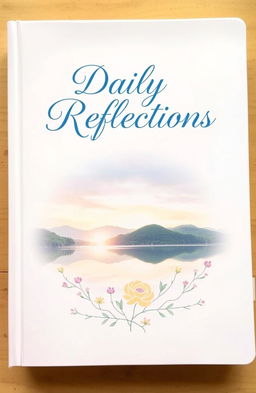 A beautifully designed book cover for a daily journal, featuring a serene nature scene with a tranquil lake reflecting the sky at sunrise, surrounded by lush greenery and gentle hills