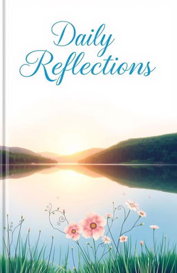 A beautifully designed book cover for a daily journal, featuring a serene nature scene with a tranquil lake reflecting the sky at sunrise, surrounded by lush greenery and gentle hills